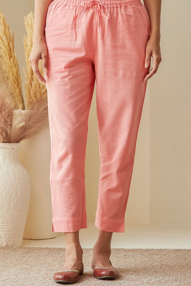 Pink Handcrafted Cotton Flax Narrow Pants