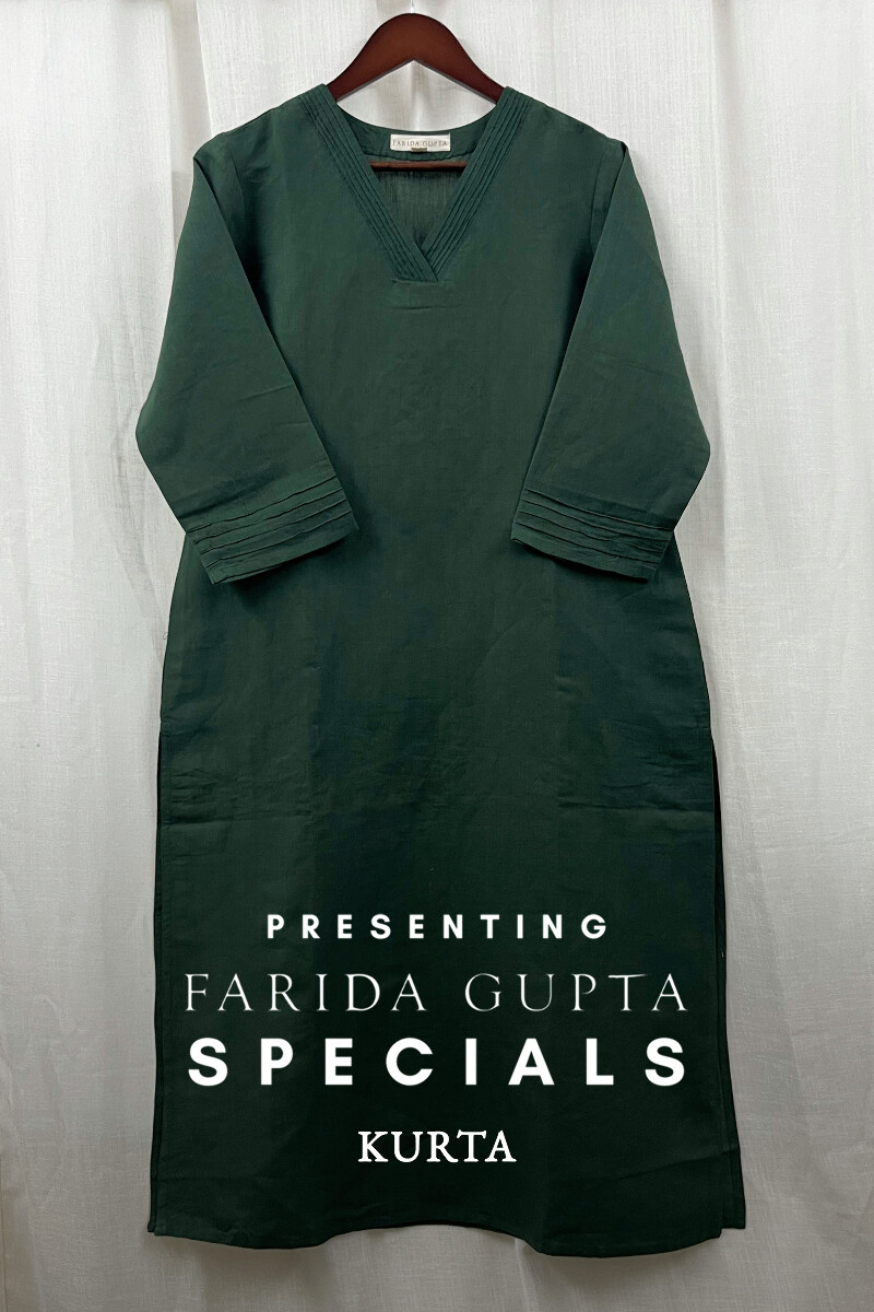 Dark Green Handcrafted Straight Cotton Linen Kurta