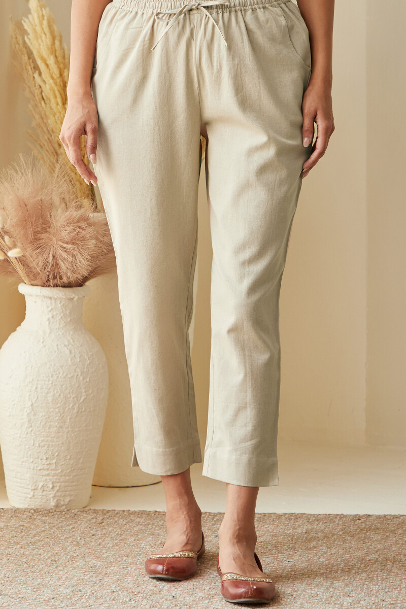 Beige Handcrafted Cotton Flax Narrow Pants