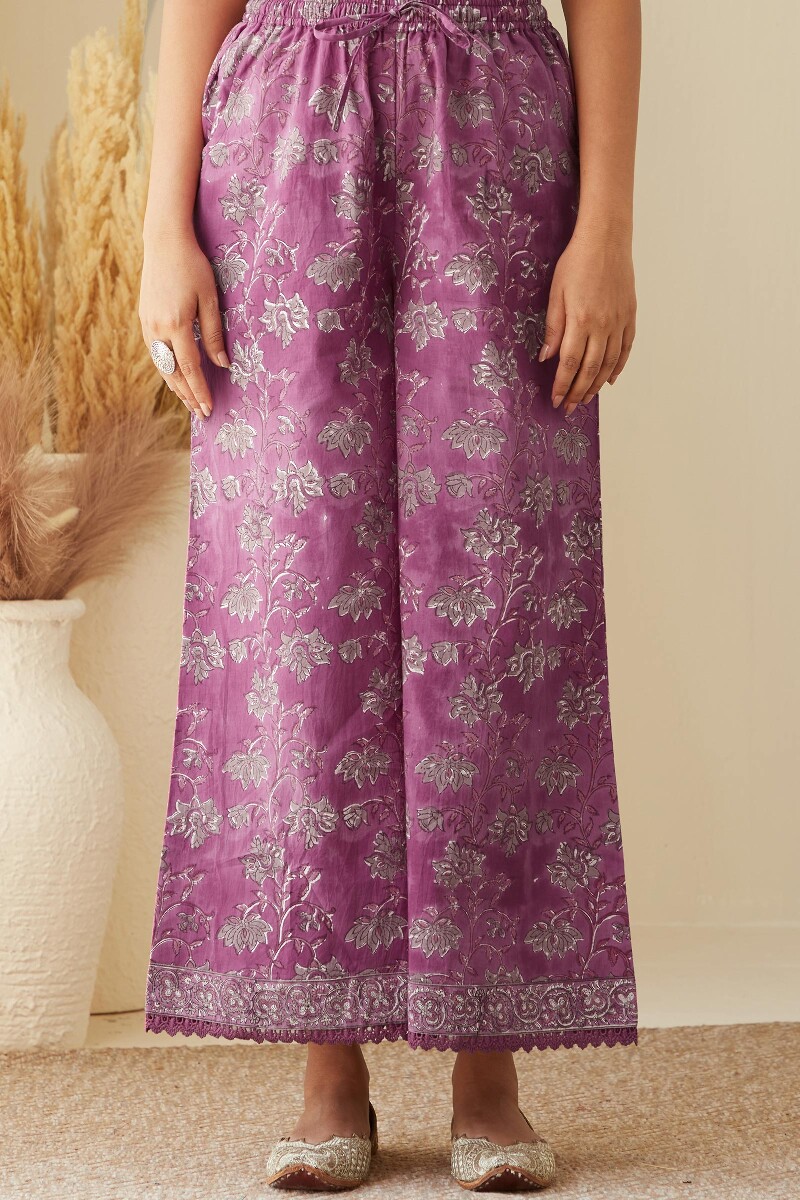 Purple Hand Block-Printed Cotton Palazzo