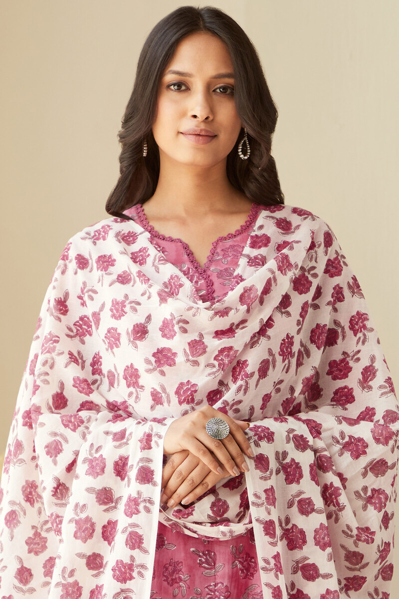 Pink Hand Block-Printed Cotton Mul Dupatta