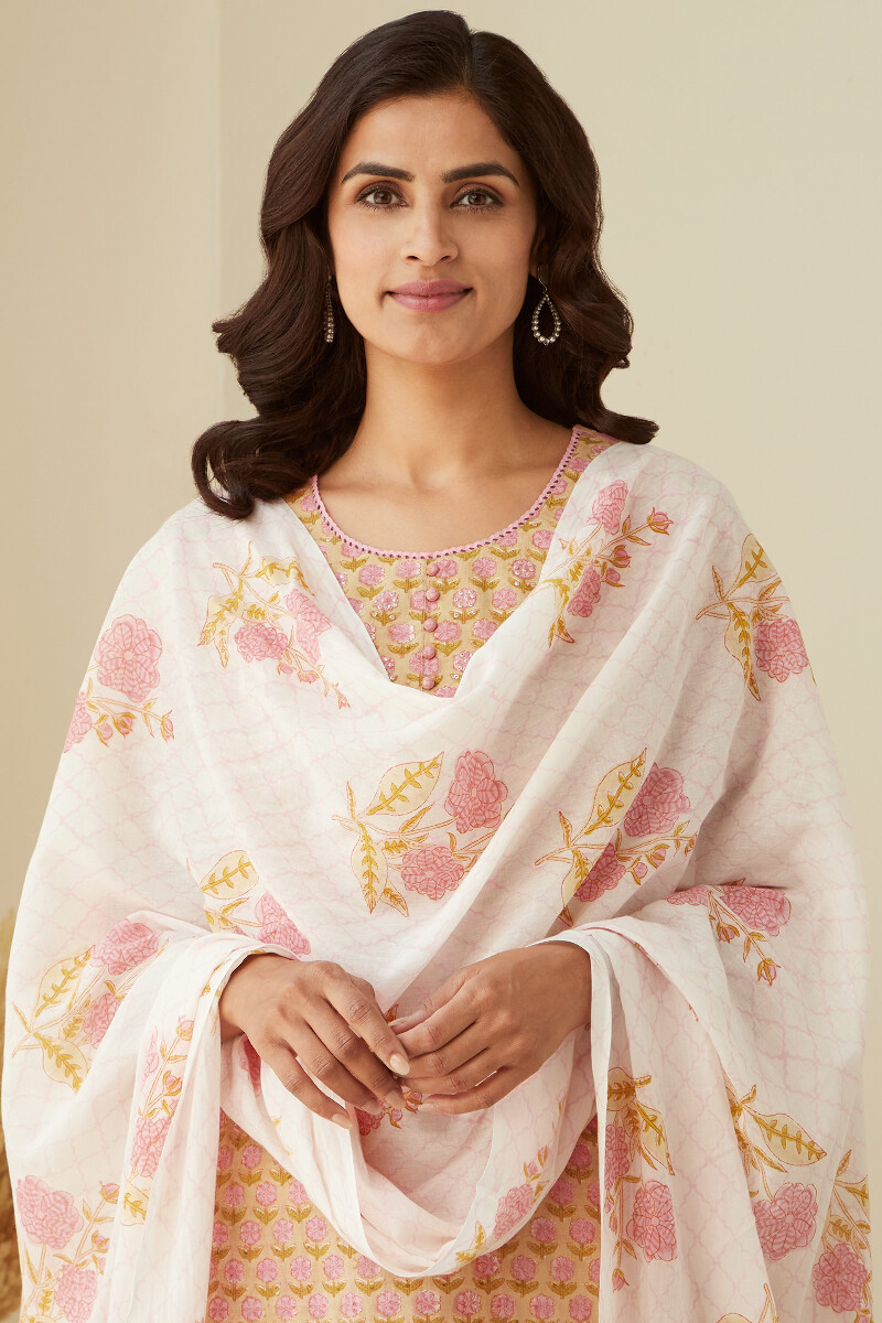 White Hand Block-Printed Cotton Mul Dupatta