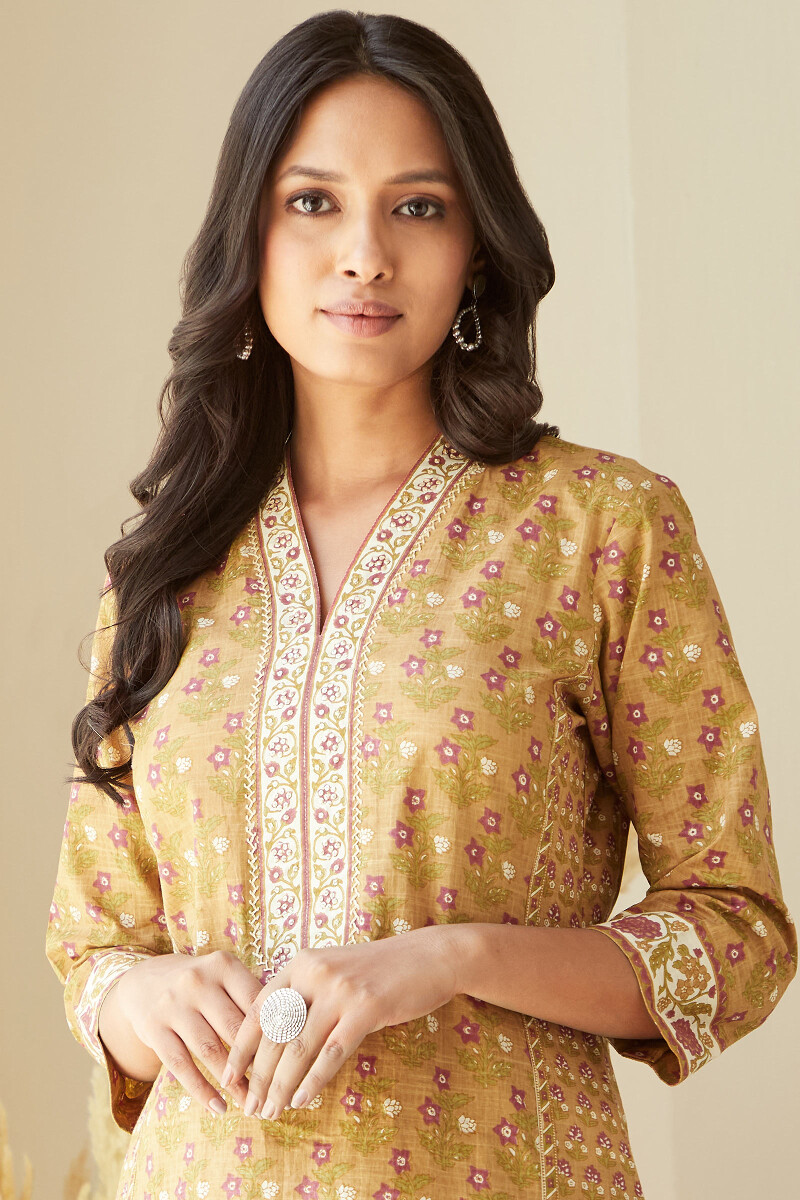 Mustard Hand Printed Straight Cotton Slub Kurta