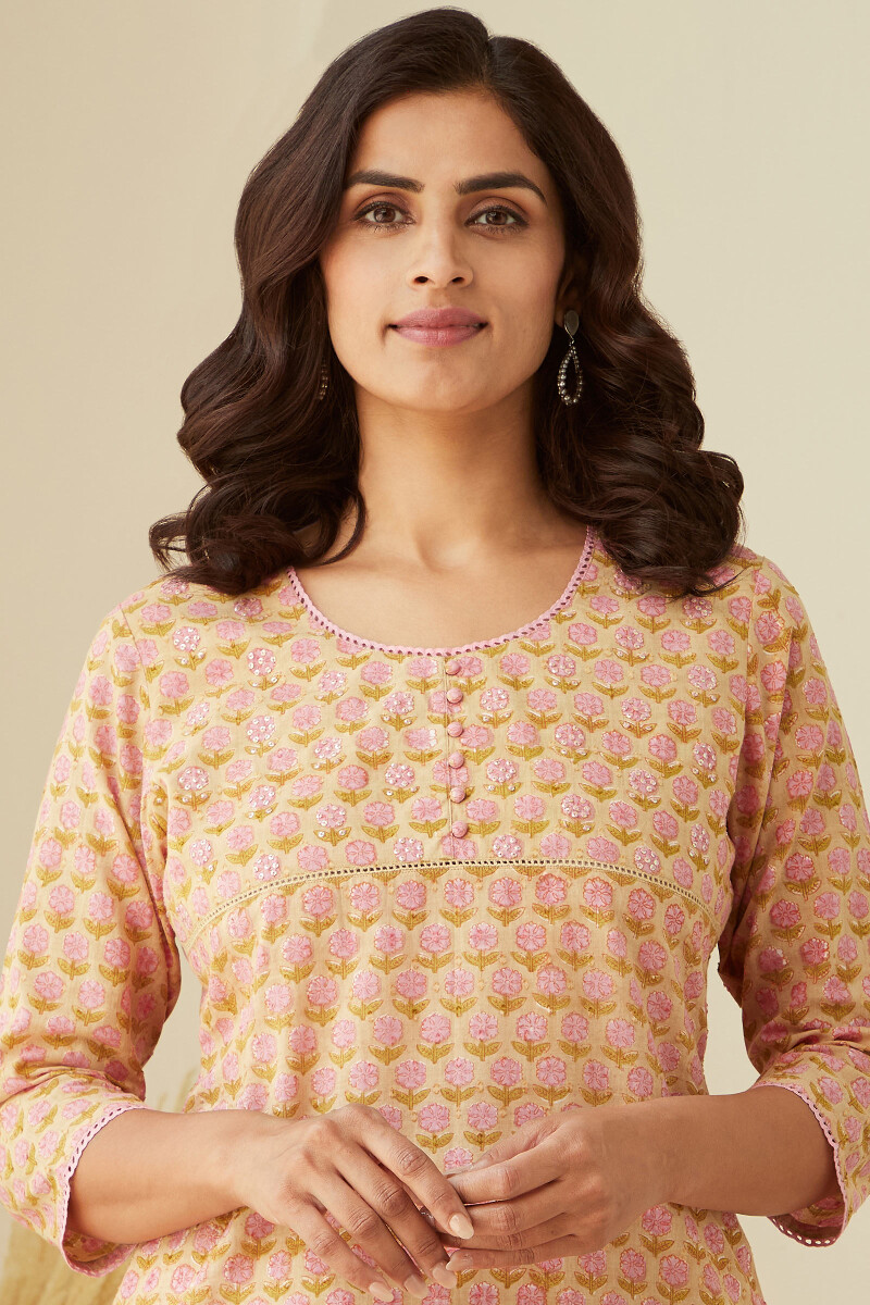 Beige Hand Block-Printed. Straight Cotton Dobby Kurta