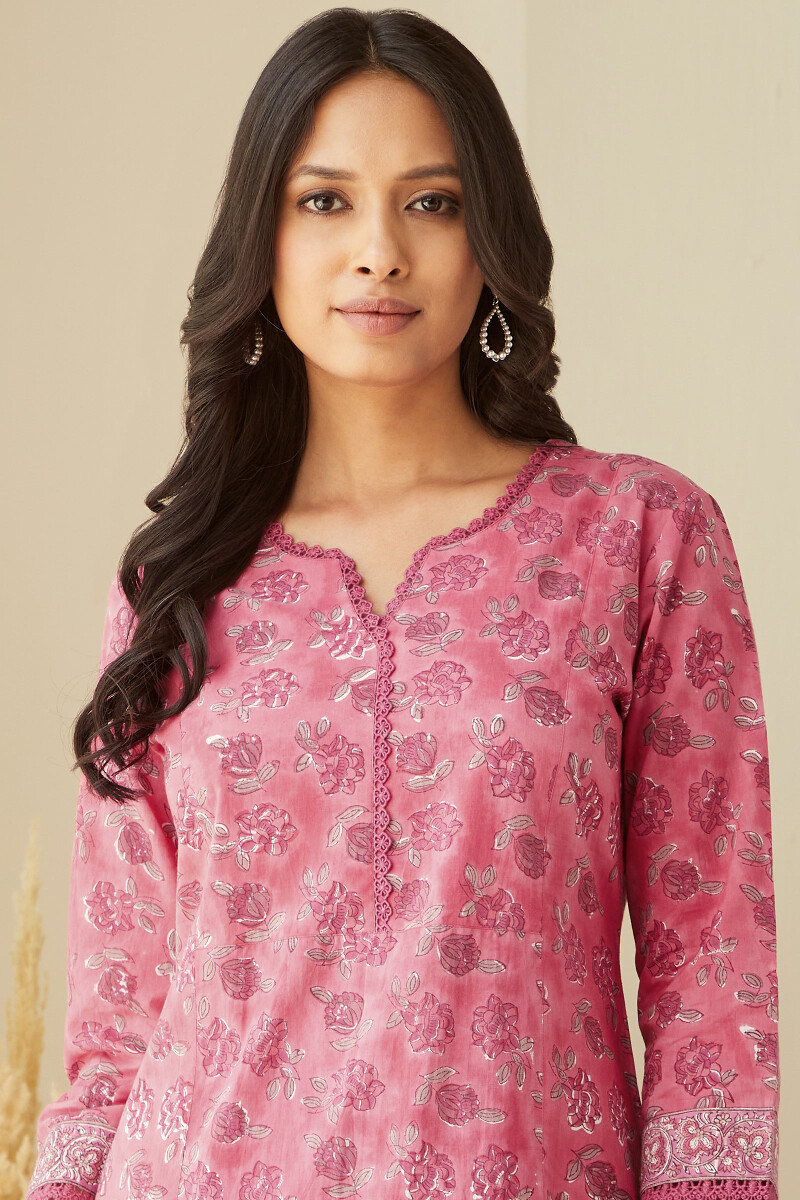 Pink Hand Block-Printed Straight Cotton Kurta