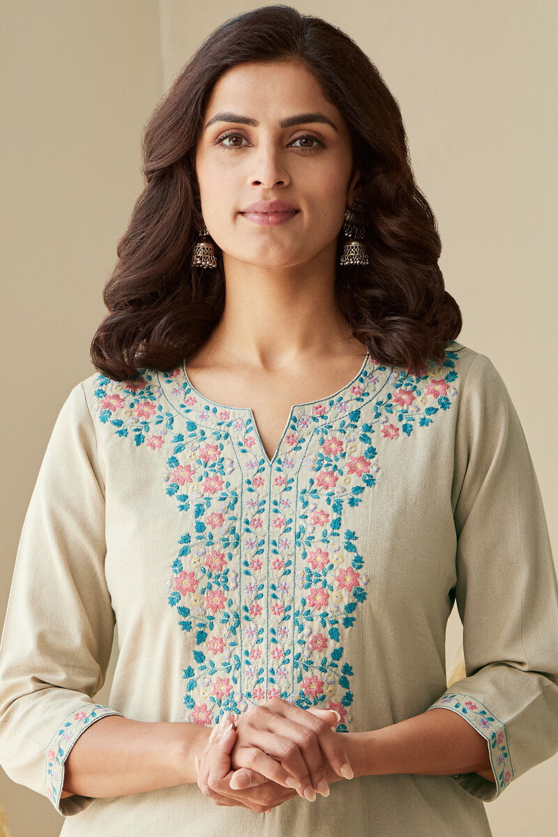 Beige Handcrafted Straight Cotton Flax Kurta