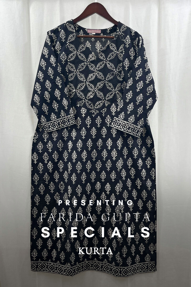 Black Hand Block-Printed Straight Cotton Kurta