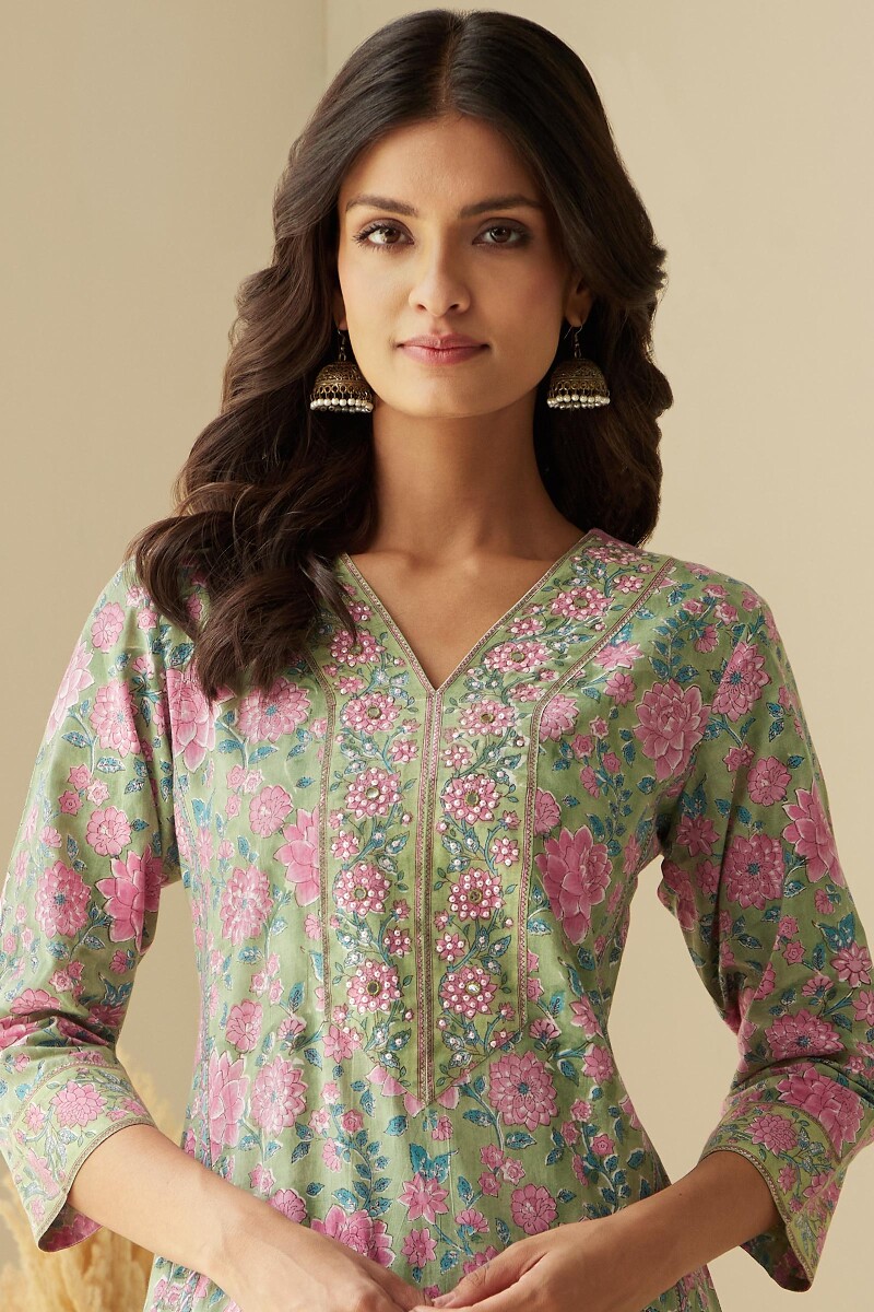 Green Hand Block-Printed Straight Cotton Kurta