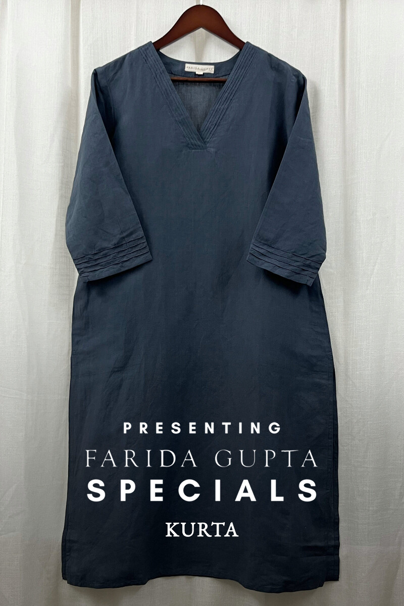Blue Handcrafted Straight Cotton Linen Kurta