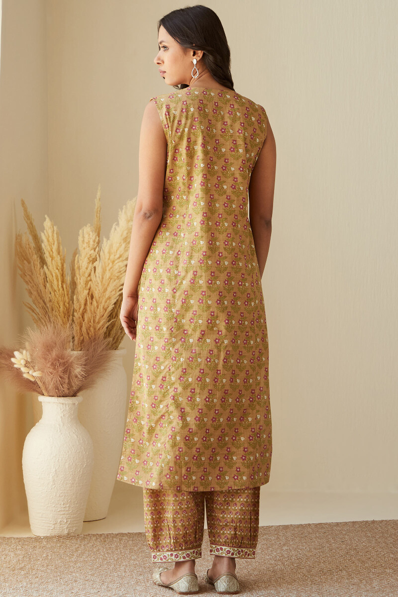 Mustard Hand Printed Straight Cotton Slub Kurta