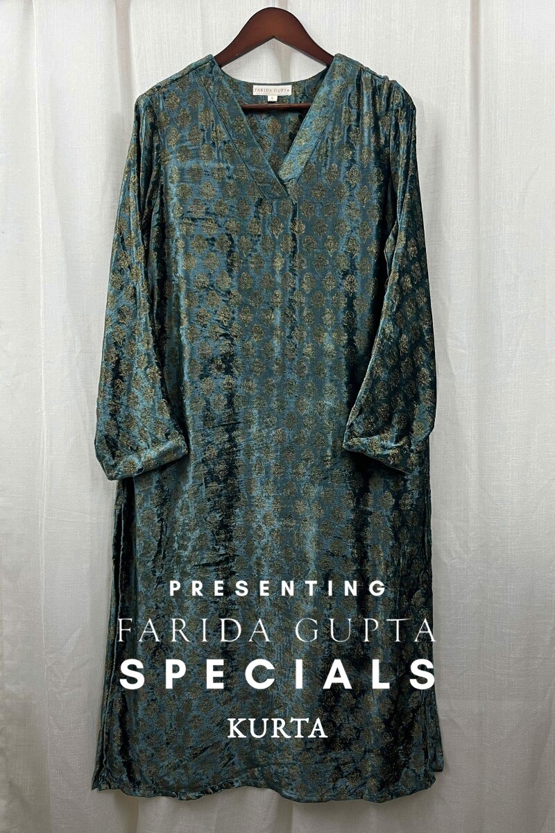 Teal Hand Block-Printed Straight Velvet Kurta