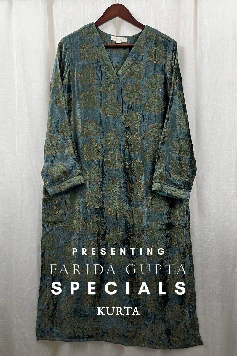 Teal Hand Block-Printed Straight Velvet Kurta