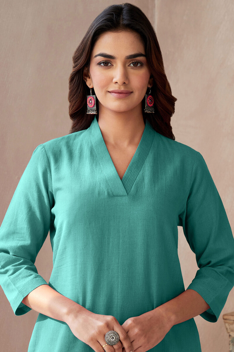 Turquoise Handcrafted Straight Cotton Flax Kurta