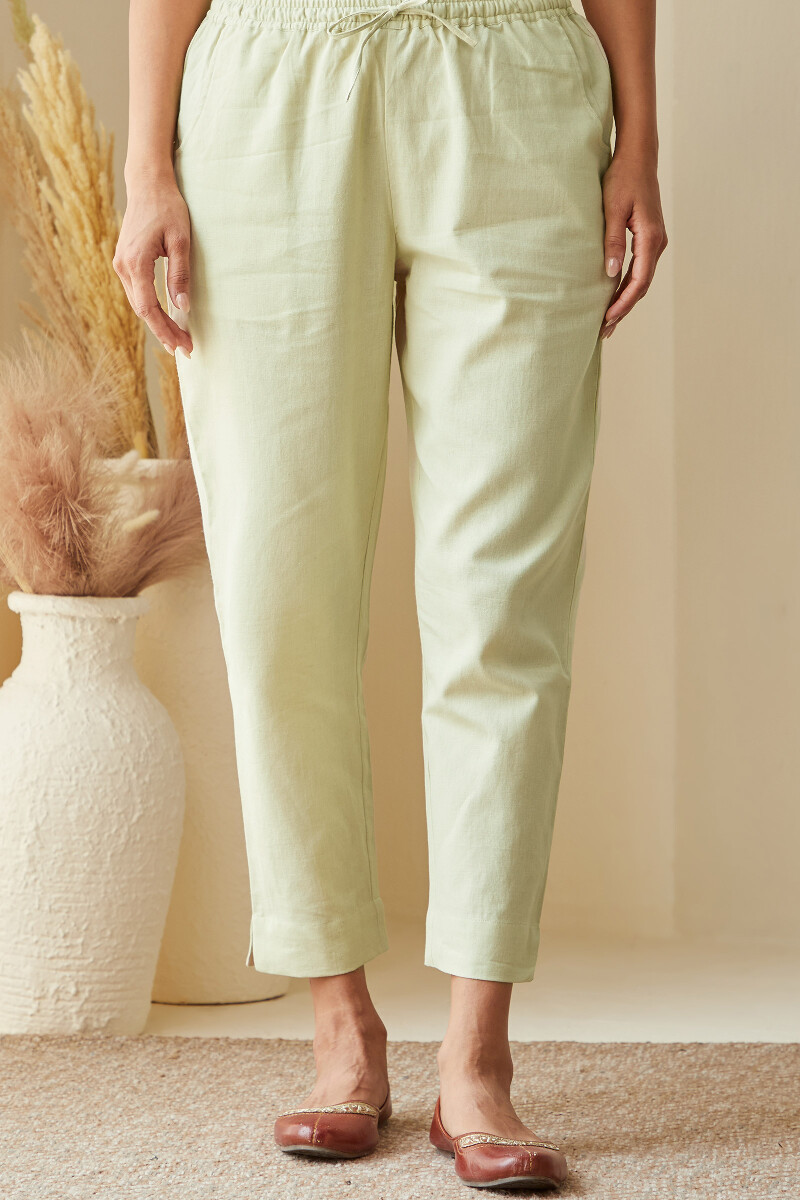Green Handcrafted Cotton Flax Narrow Pants