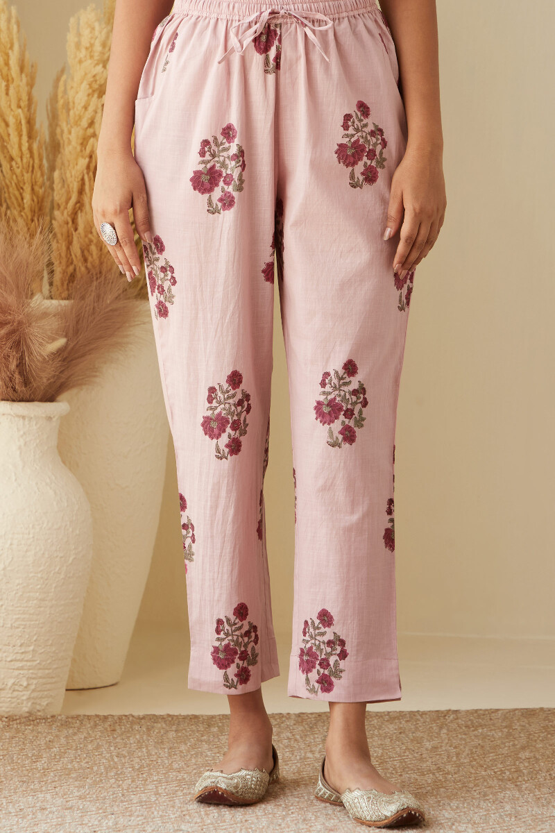 Purple Hand Block-Printed Cotton Slub Narrow Pants