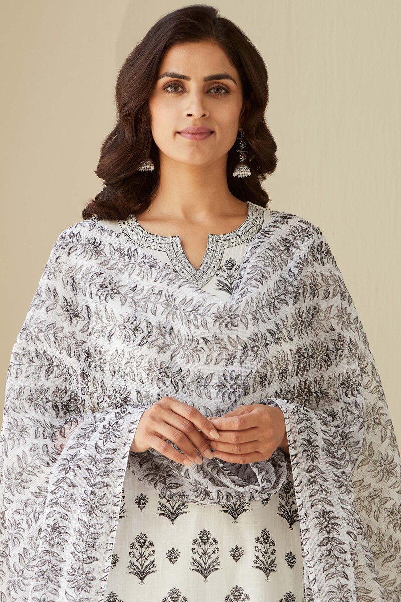 White Hand Printed Kota Dupatta