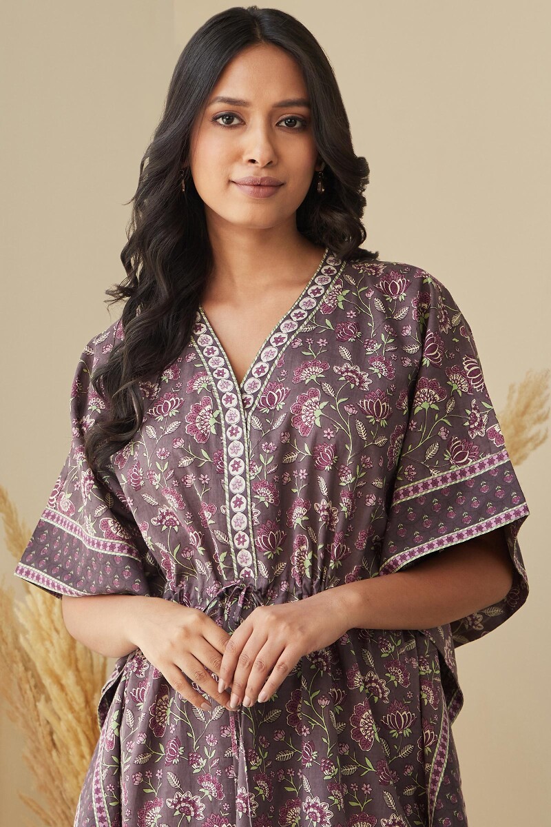 Purple Hand Printed Cotton Mul Kaftan