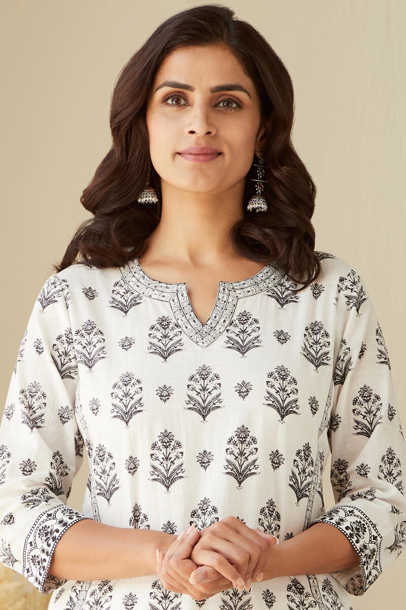 White Hand-Printed Straight Cotton Slub Kurta