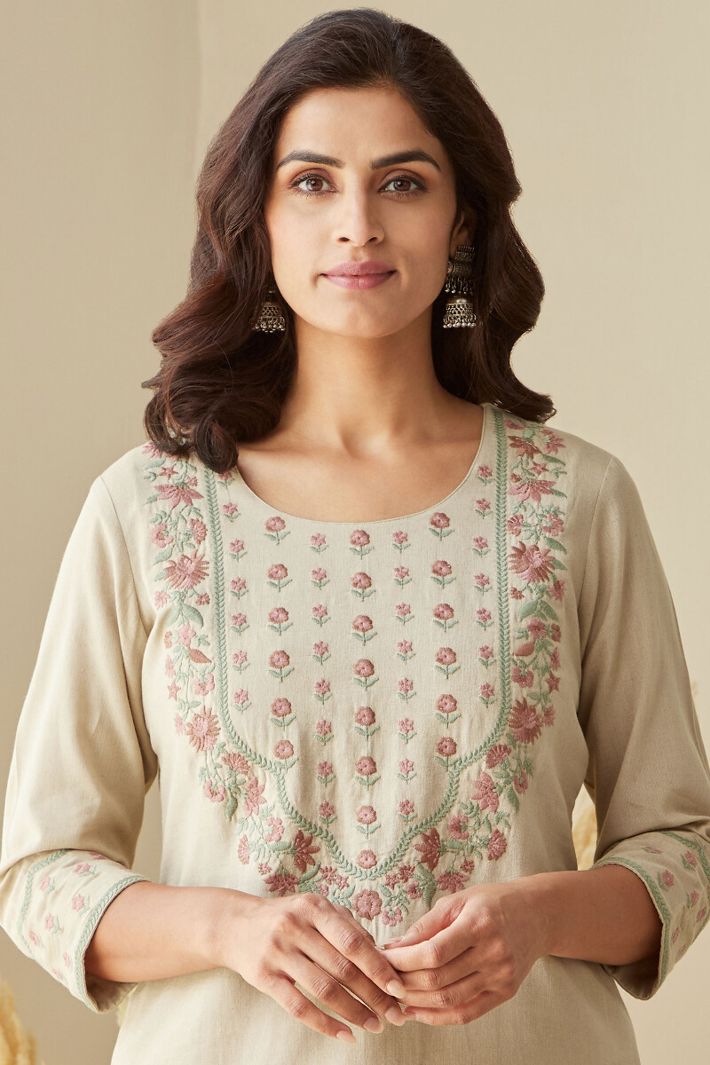 Beige Handcrafted Straight Cotton Flax Kurta