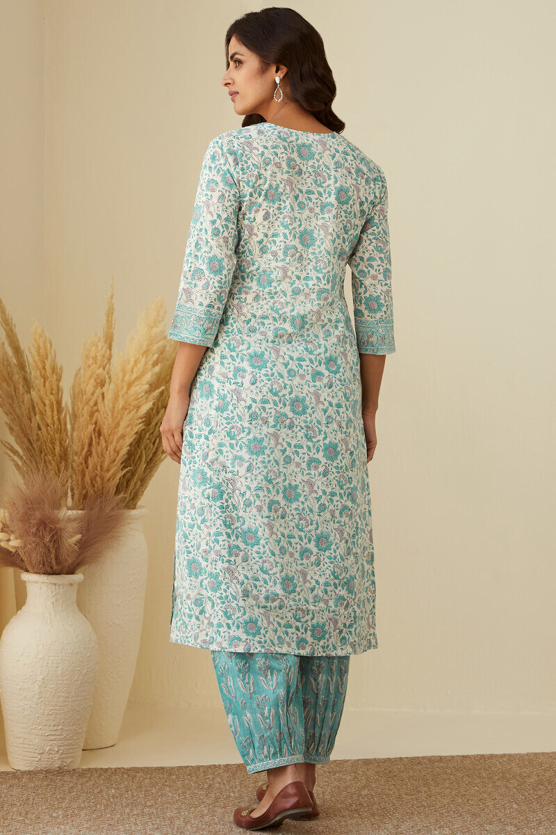 White Hand Block-Printed Straight Cotton Slub Kurta