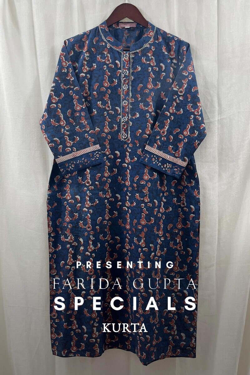 Blue Hand Block-Printed Straight Cotton Kurta