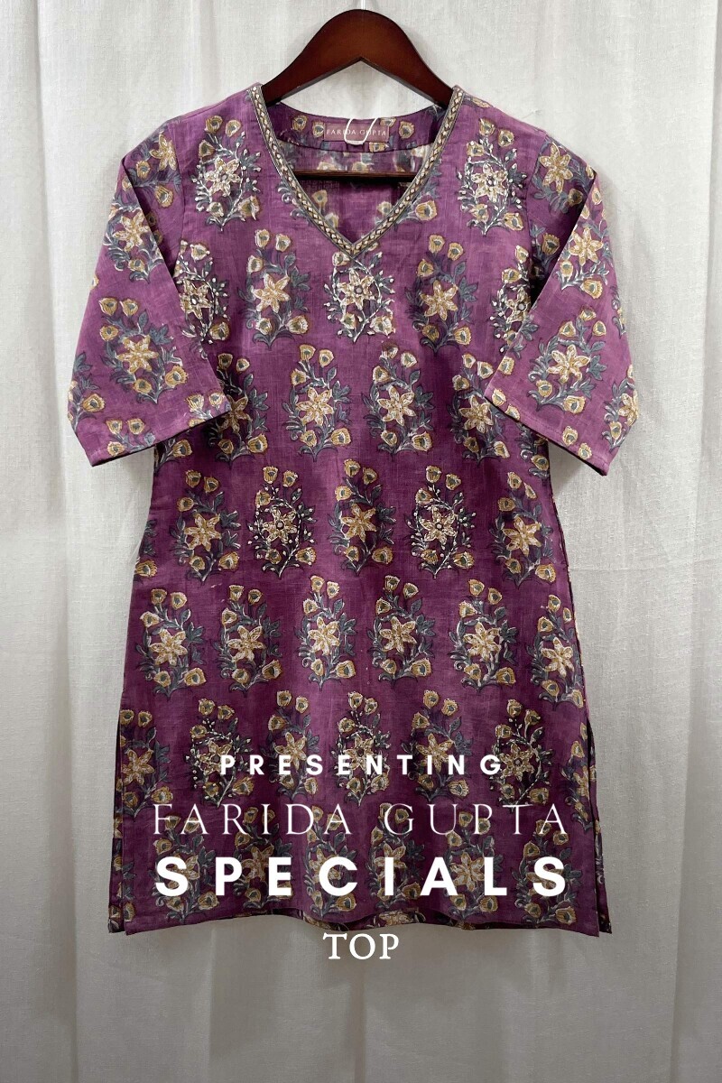 Purple Hand Block-Printed Cotton Slub Top