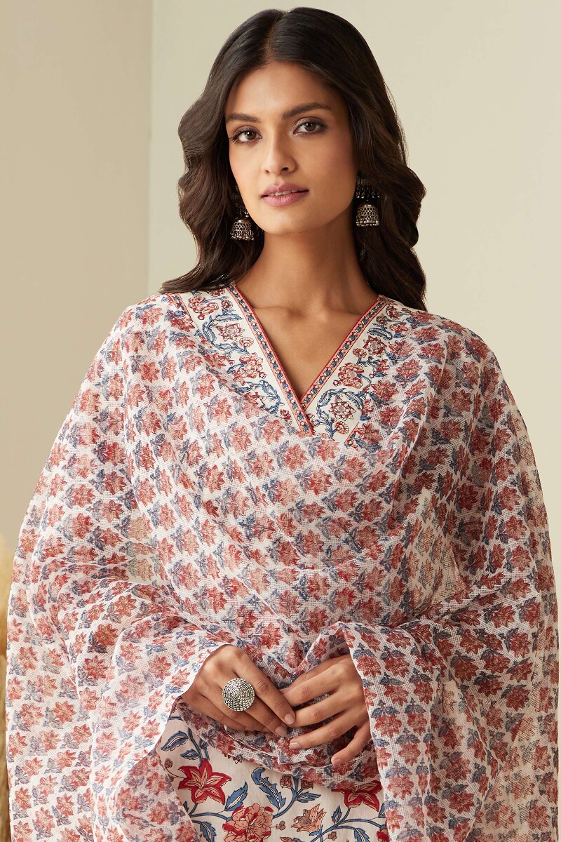Cream Hand Printed Kota Dupatta