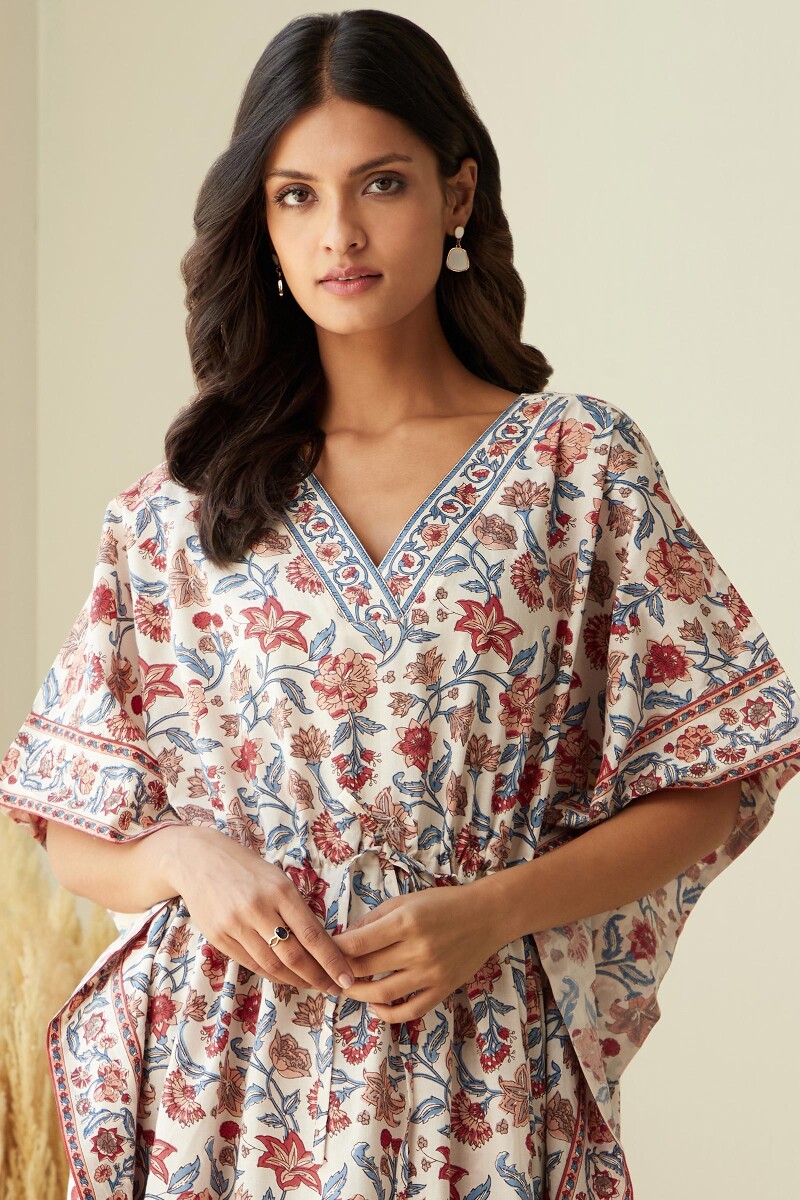 Cream Hand Printed Cotton Mul Kaftan