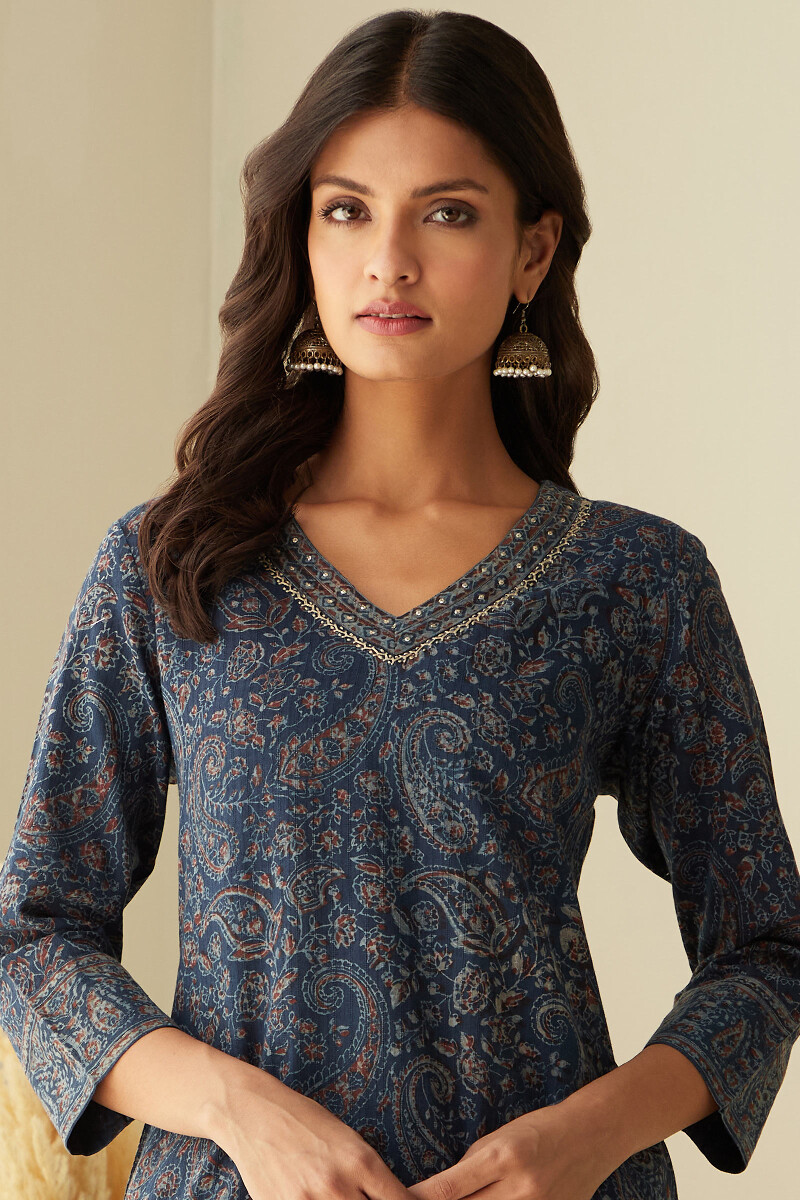 Akola Hand Block-Printed Straight Cotton Dobby Kurta