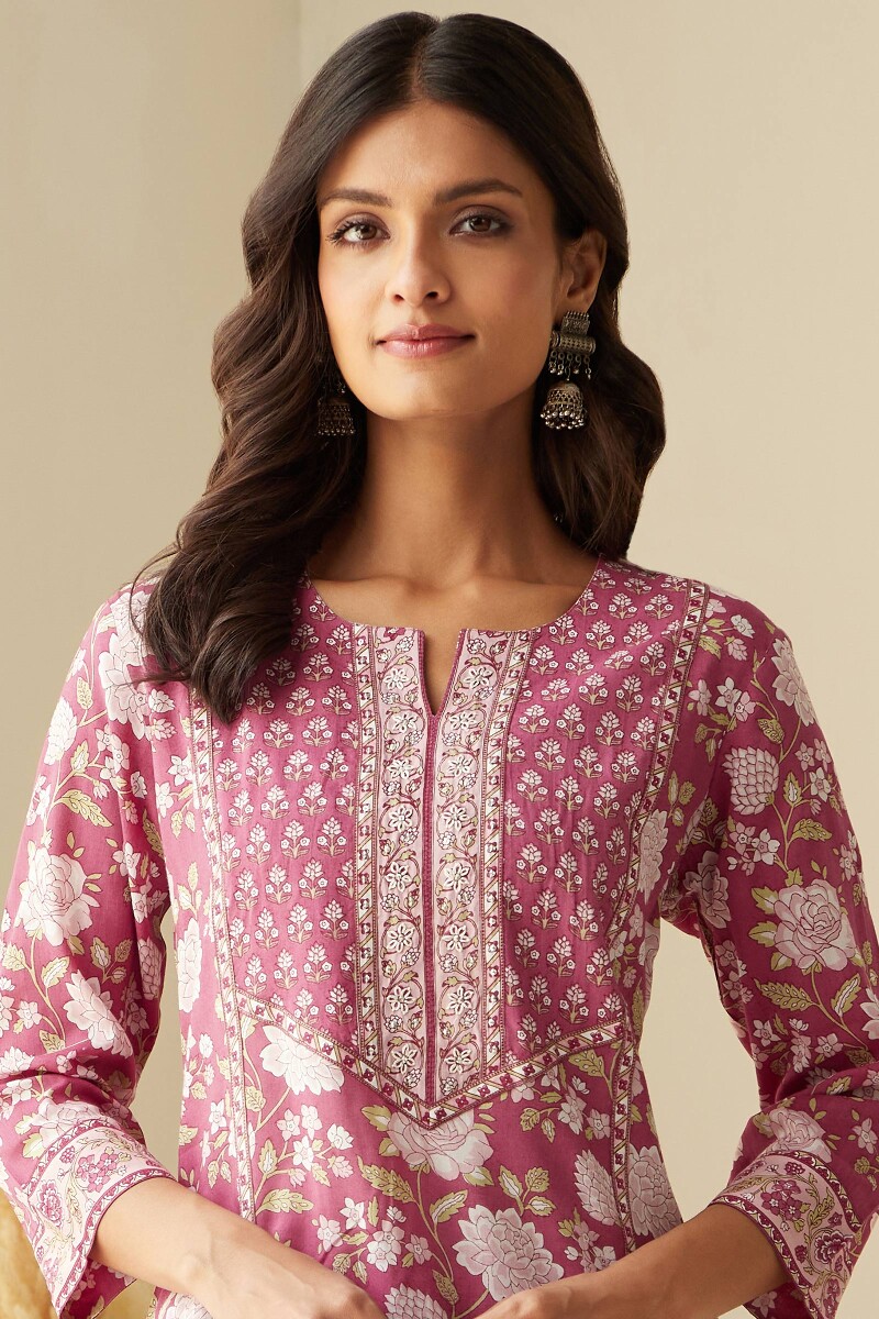 Pink Hand Printed Straight Viscose Kurta