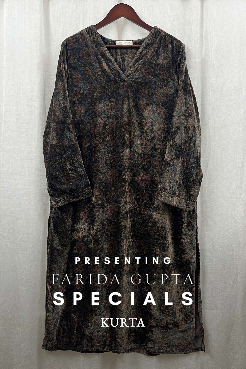 Ajrak Hand Block-Printed Straight Velvet Kurta