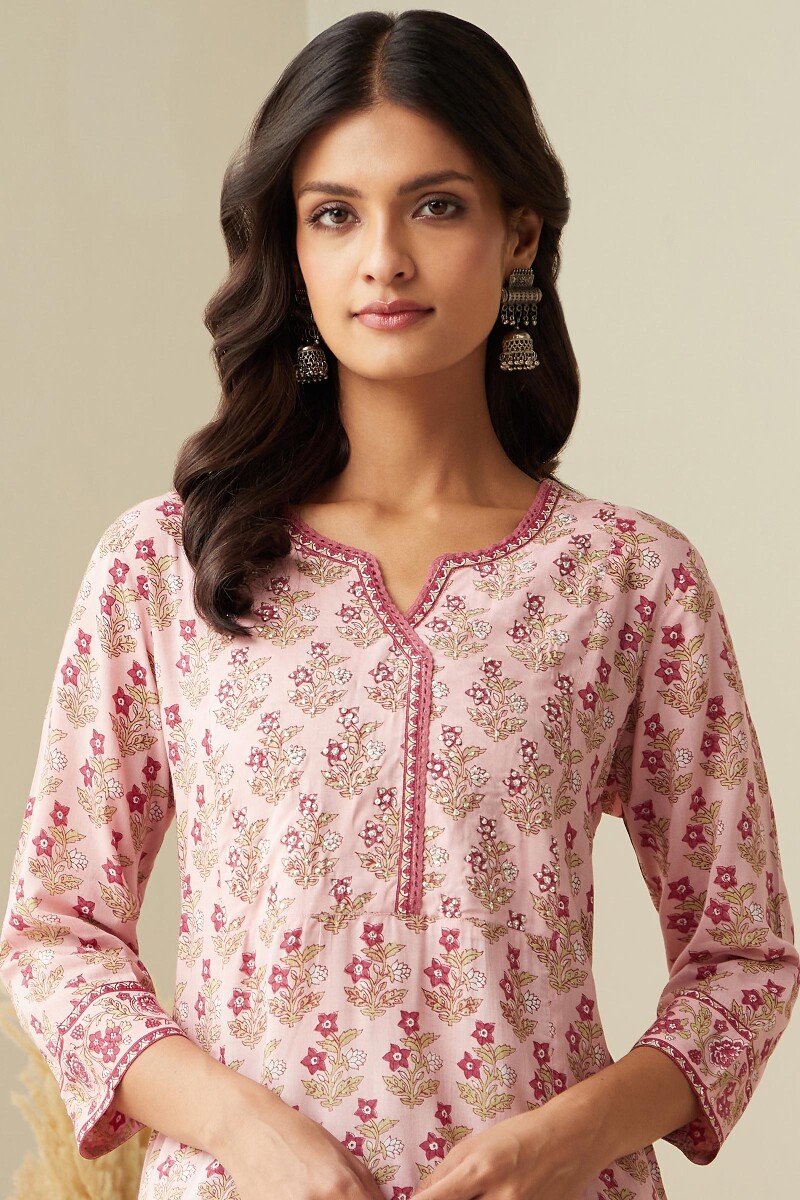 Pink Hand Printed Straight Viscose Kurta