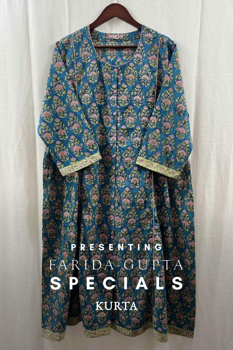 Teal Hand Block-Printed A-Line Cotton Mul Kurta