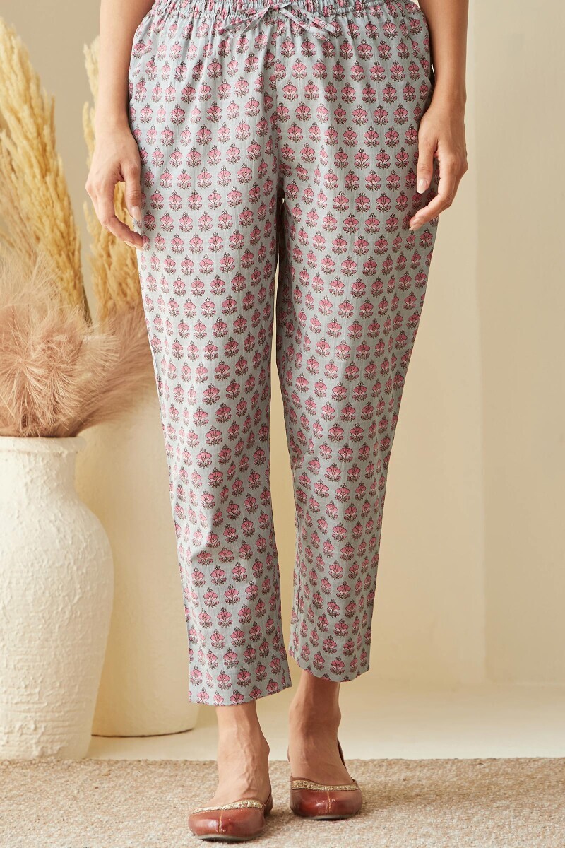 Blue Hand Printed Cotton Slub Narrow Pants