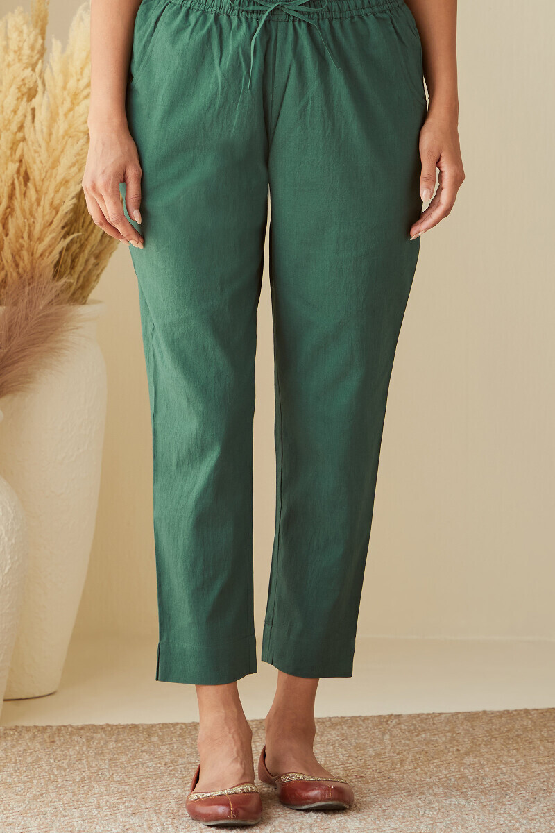Green Handcrafted Cotton Narrow Pants