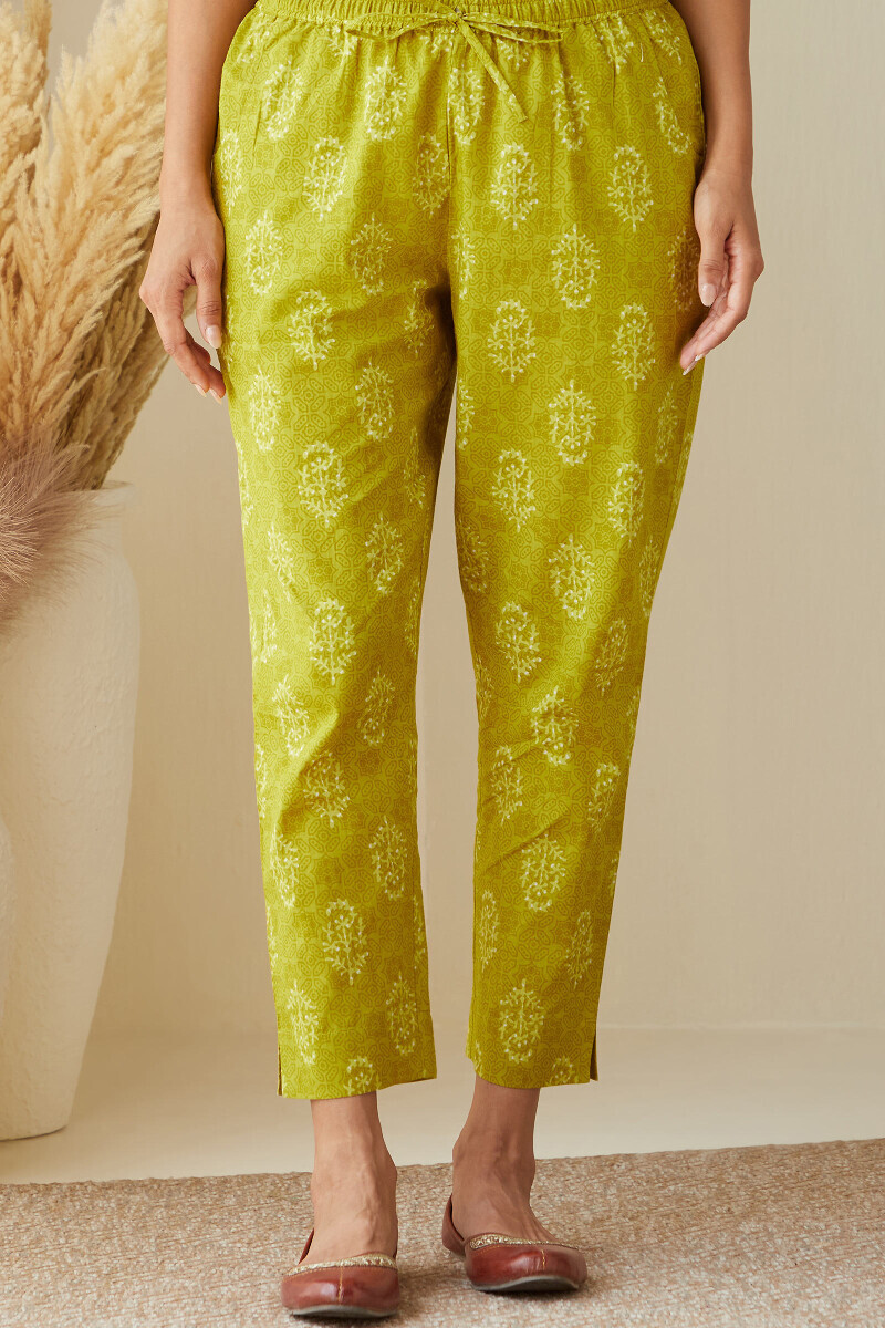 Green Hand Printed Cotton Narrow Pants