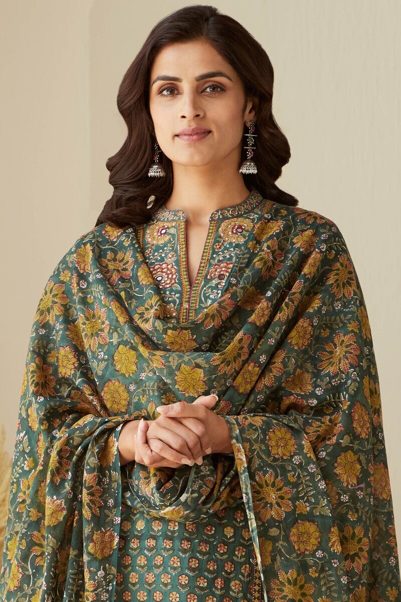 Green Hand Block-Printed Cotton Mul Dupatta