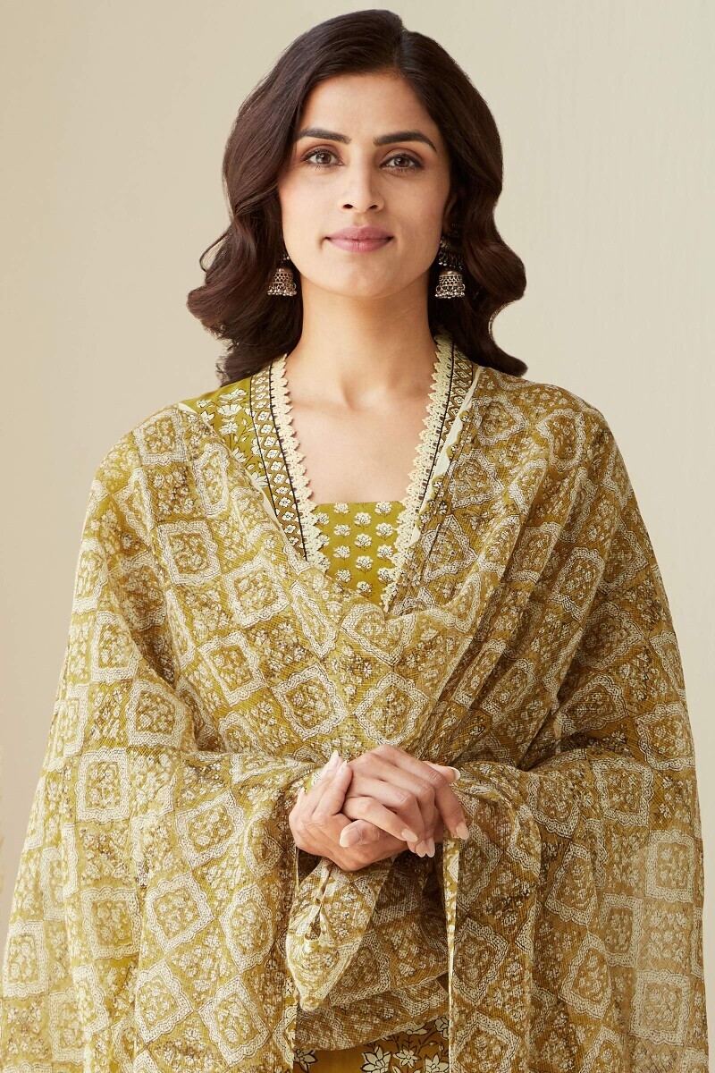 Mustard Hand Block-Printed Kota Dupatta