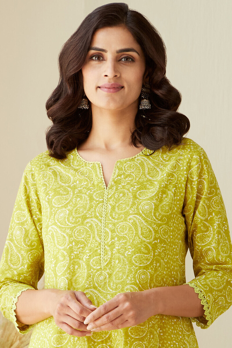Green Hand Printed A-Line Cotton Kurta