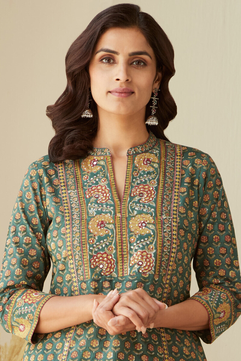 Green Hand Block-Printed Straight Cotton Kurta