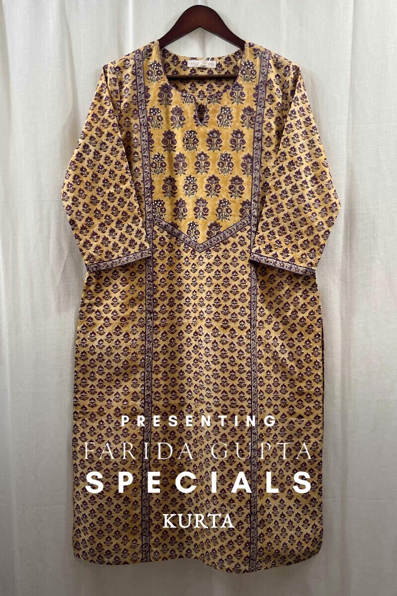 Yellow Hand Block-Printed Straight Chanderi Kurta