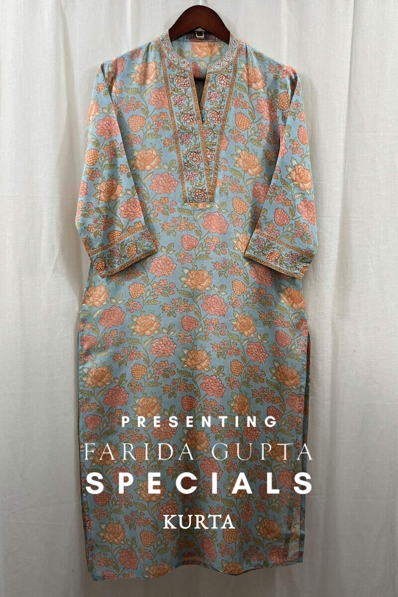 Sky Blue Hand Printed Straight Modal Kurta