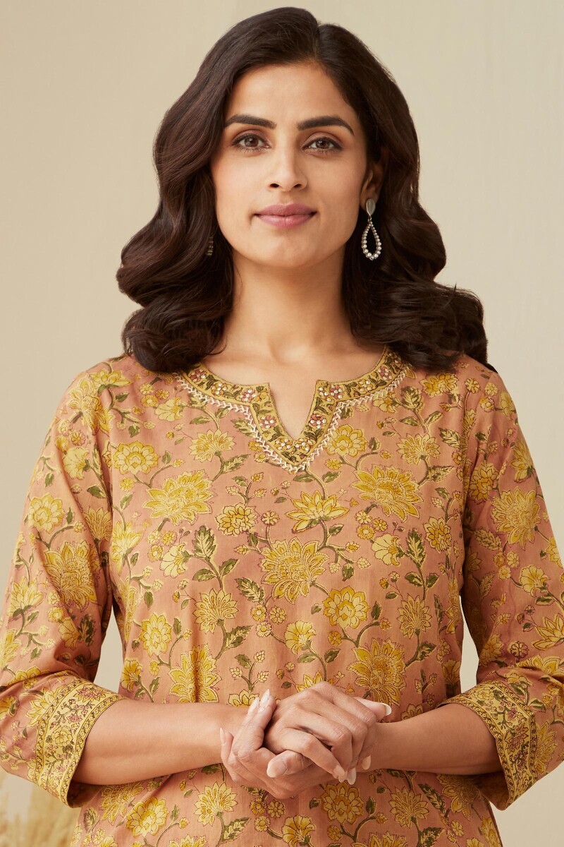 Pink Hand Block-Printed Straight Cotton Kurta