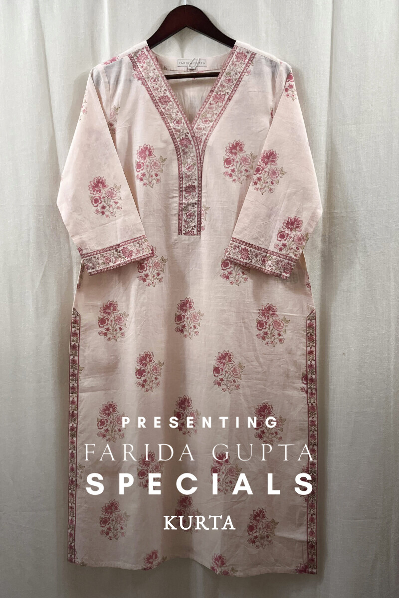 Light Pink Hand Block-Printed Straight Cotton Slub Kurta