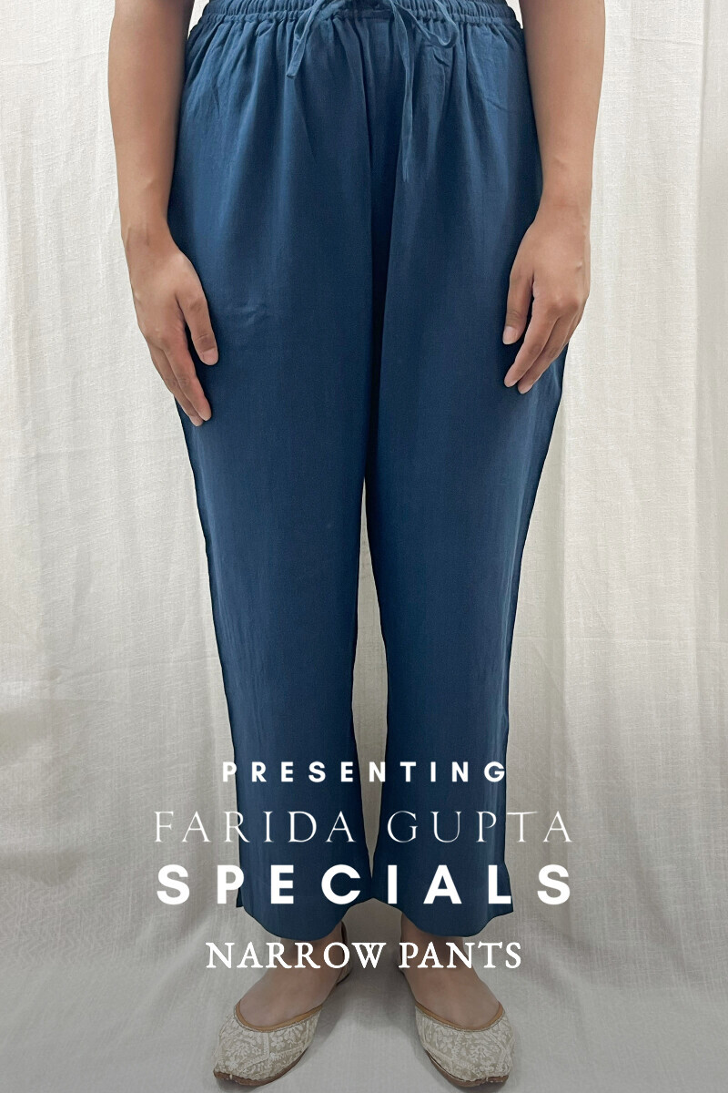 Blue Handcrafted Cotton Flax Narrow Pants