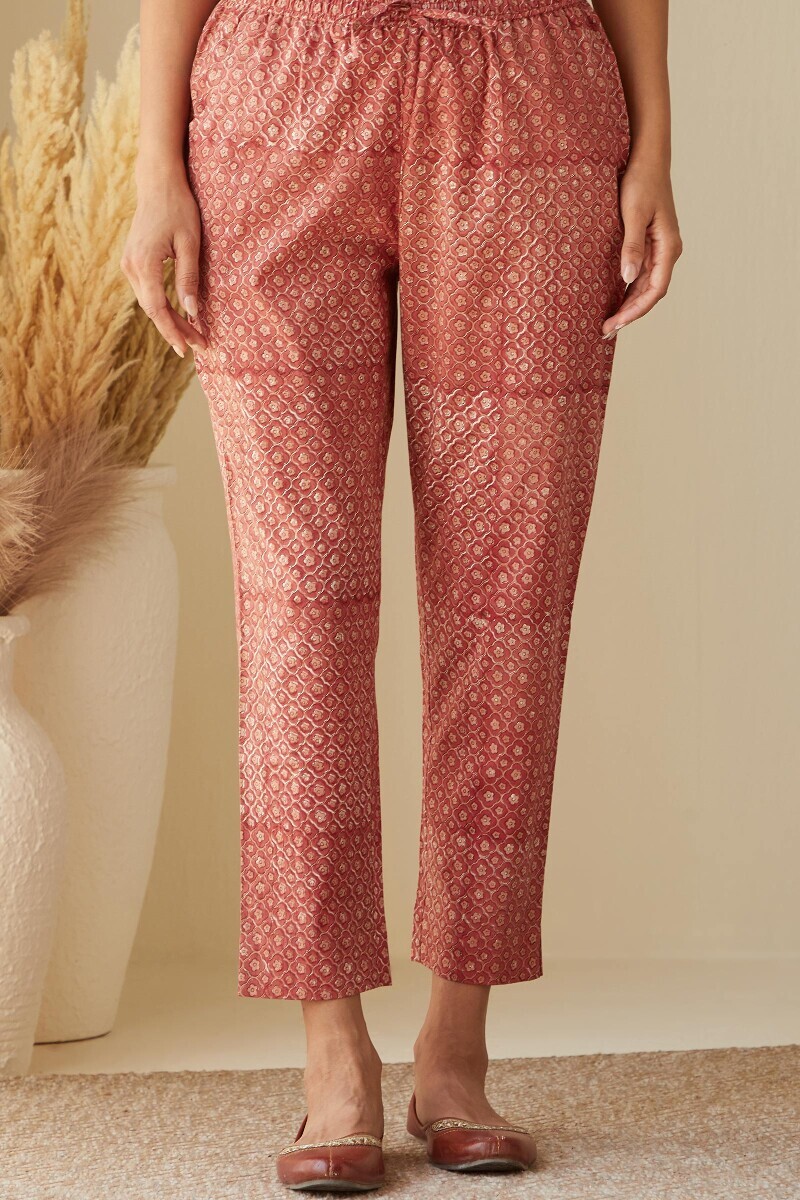 Red Hand Block-Printed Cotton Narrow Pants