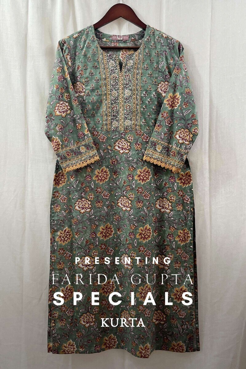 Green Hand Block-Printed Straight Cotton Kurta