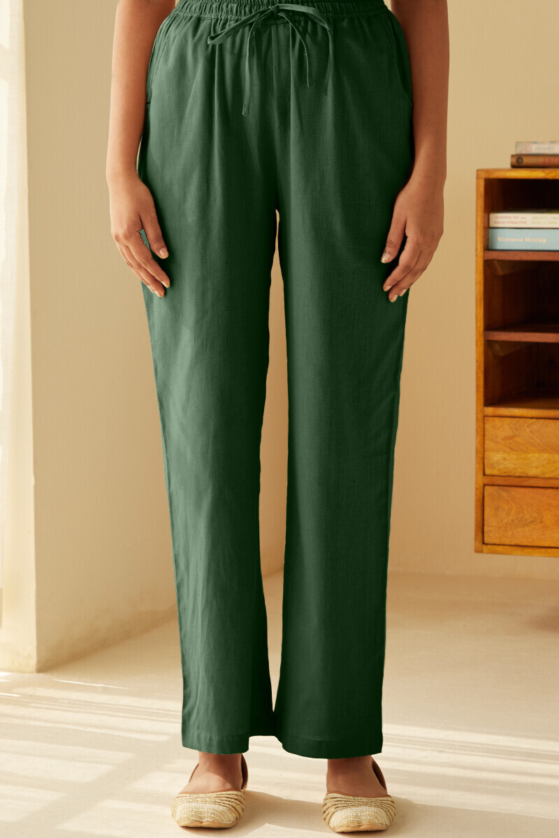 Forest Green Handcrafted Cotton Flax Pants