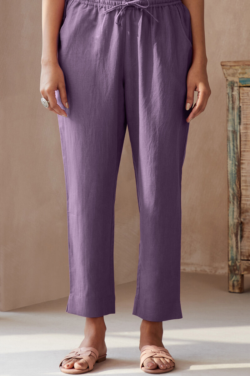 Purple Handcrafted Cotton Flax Narrow Pants
