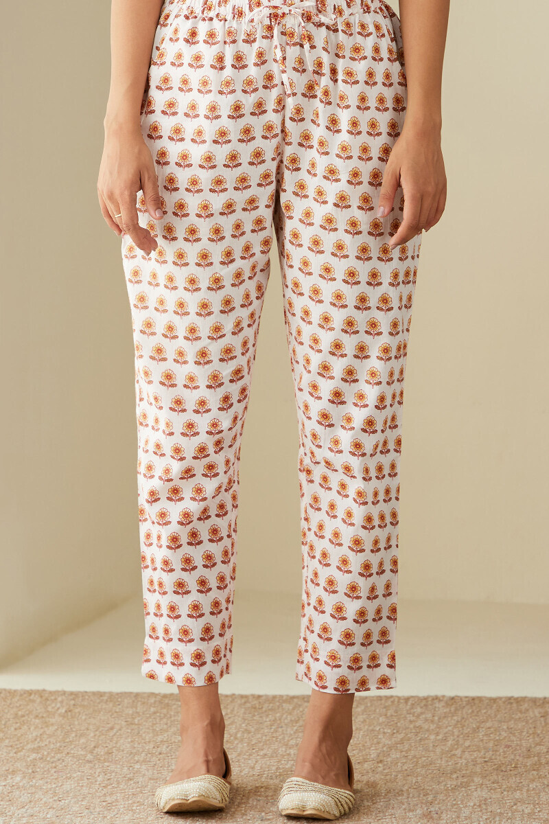 White Hand Printed Cotton Narrow Pants